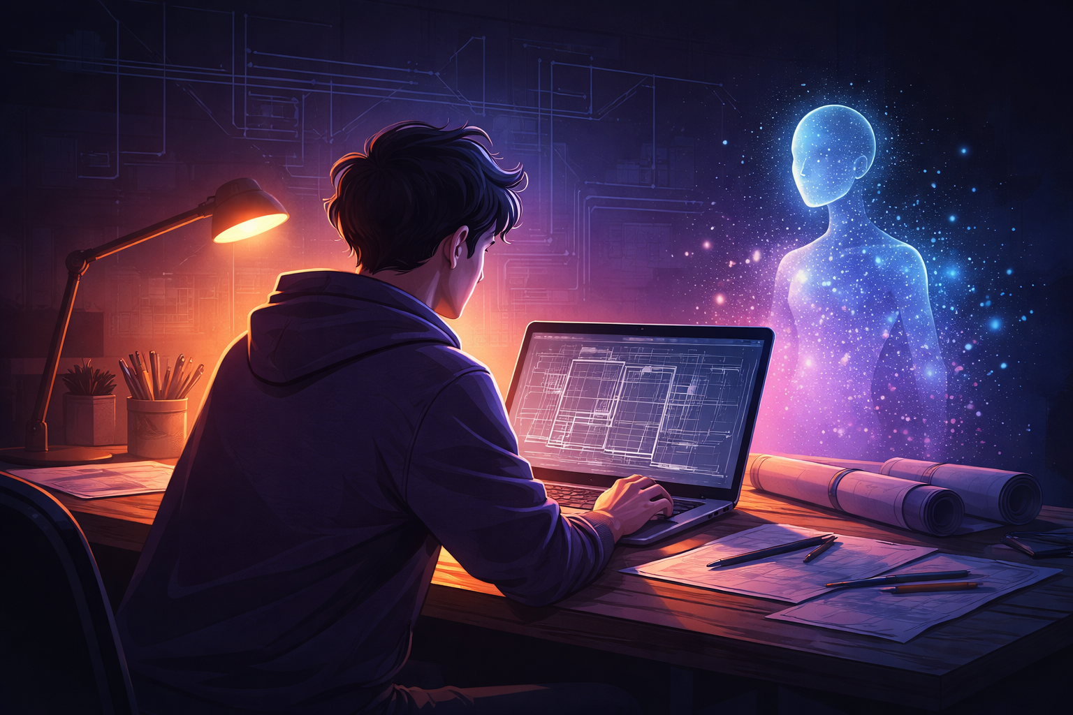 Gece stüdyosunda çalışan mimarlık öğrencisi ve yapay zeka destekli çalışma